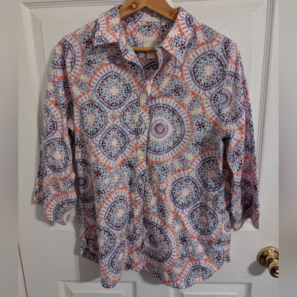 Chicos Womens Top No Iron 3/4 Sleeve White Orange Pink Purple Size 1 (Medium)